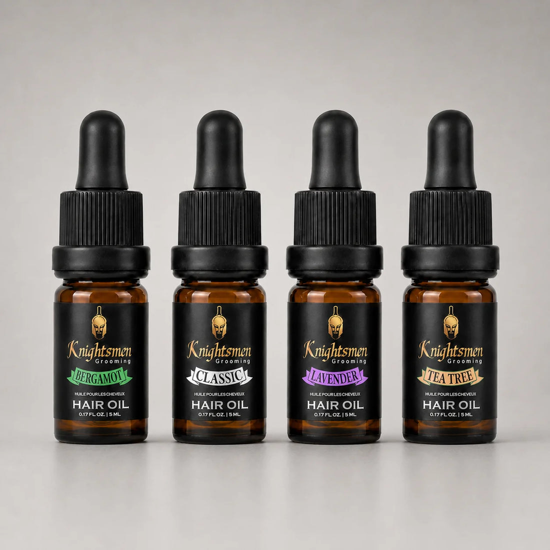 Knightsmen Grooming Organic Hair Oil Bundle 4-Pack 5ml – All Four Scents Side View, Natural Hair Growth Oil Gift Set for Men