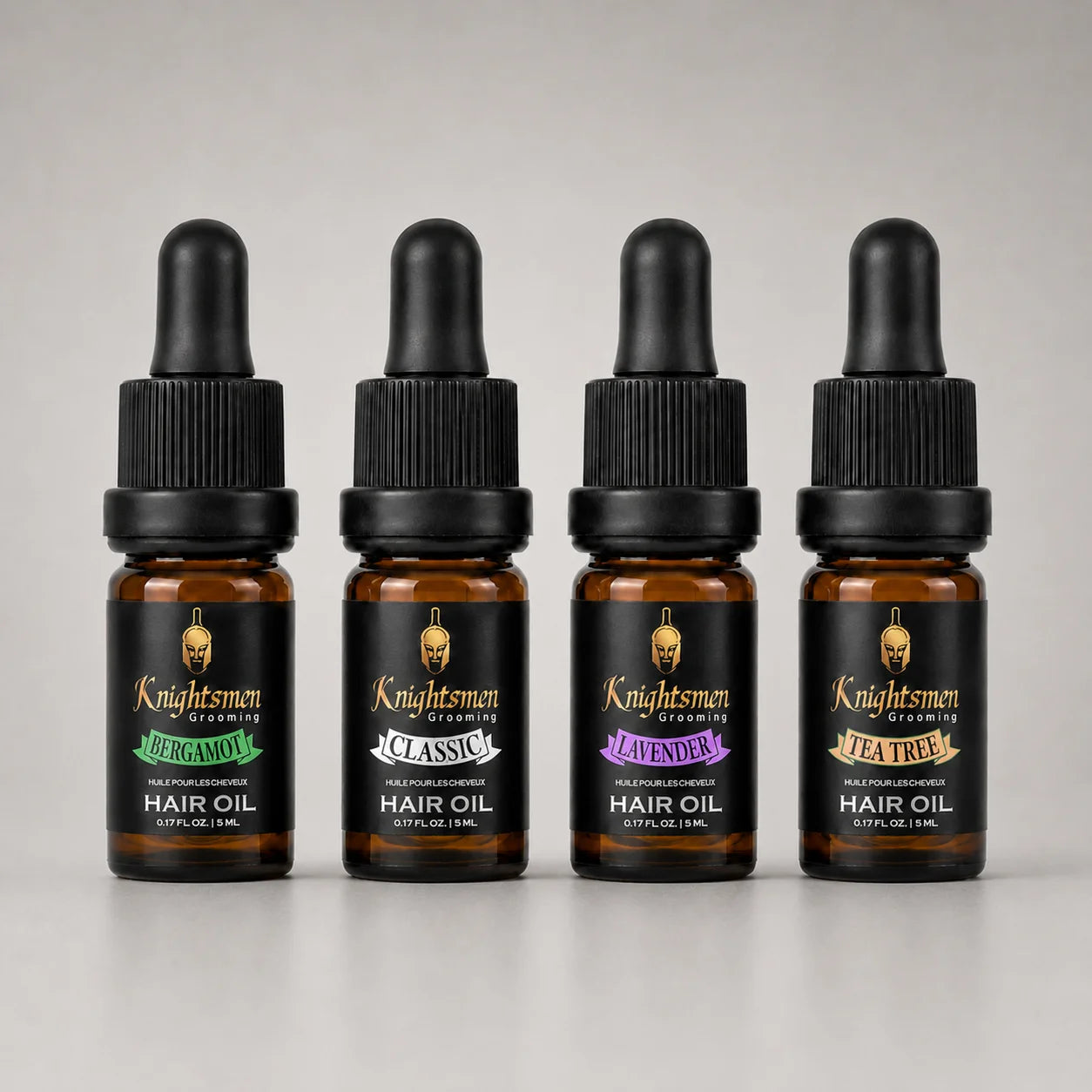 Knightsmen Grooming Organic Hair Oil Bundle 4-Pack 5ml – All Four Scents Side View, Natural Hair Growth Oil Gift Set for Men
