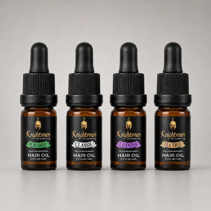 Knightsmen Grooming Organic Hair Oil Bundle 4-Pack 5ml – All Four Scents Side View, Natural Hair Growth Oil Gift Set for Men