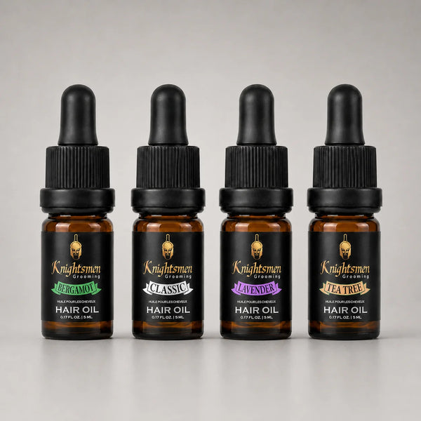 Knightsmen Grooming Organic Hair Oil Bundle 4-Pack 5ml – All Four Scents Side View, Natural Hair Growth Oil Gift Set for Men