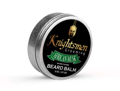 African Musk organic beard balm by Knightsmen Grooming in round tin container