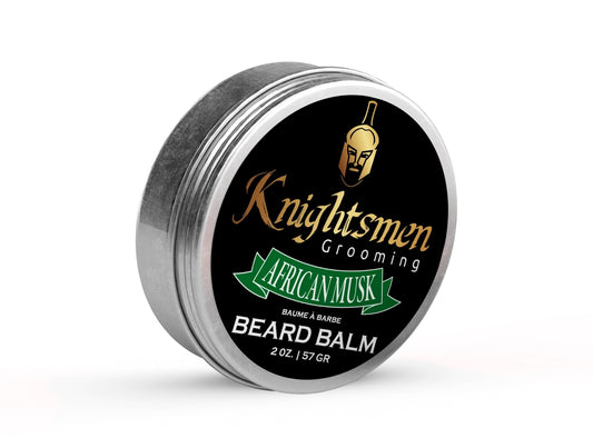 African Musk organic beard balm by Knightsmen Grooming in round tin container