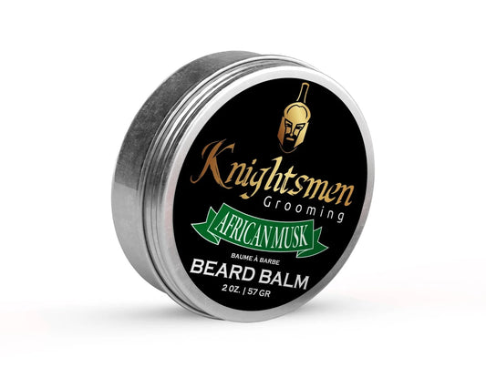 African Musk organic beard balm by Knightsmen Grooming in round tin container