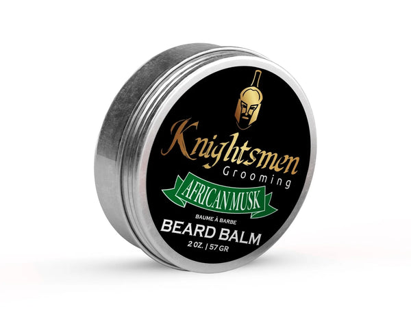 African Musk organic beard balm by Knightsmen Grooming in round tin container