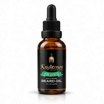 Knightsmen Grooming African Musk Organic Beard Oil 30ml amber bottle — earthy musk scent, softens and conditions beard