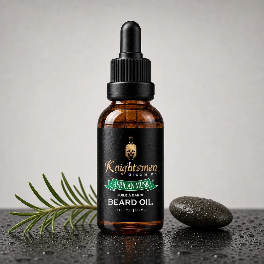 Knightsmen African Musk Beard Oil lifestyle shot — premium organic beard care for men, relieves beardruff and itchiness