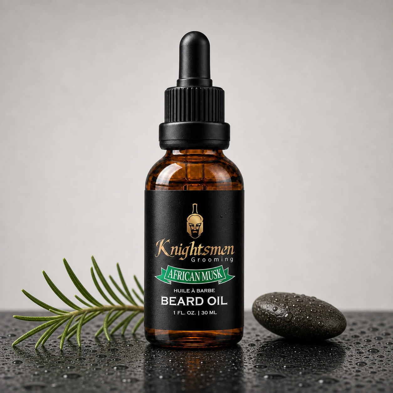 Knightsmen African Musk Beard Oil lifestyle shot — premium organic beard care for men, relieves beardruff and itchiness