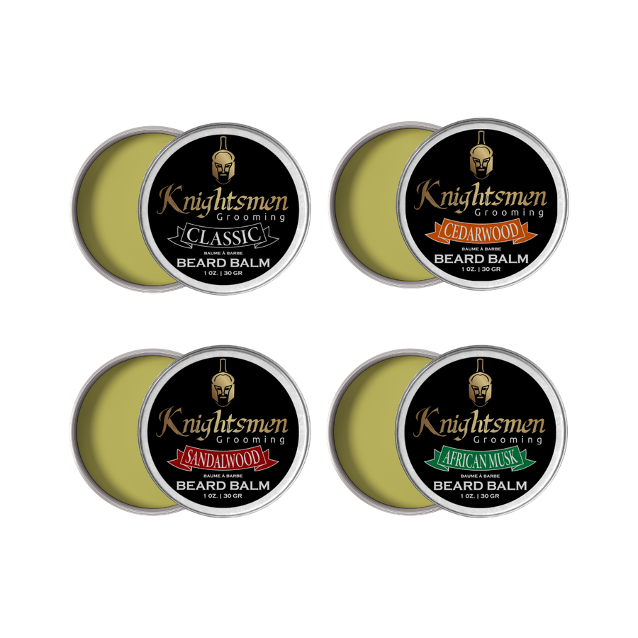 Beard balm variety set with four 1 oz organic tins by Knightsmen Grooming

