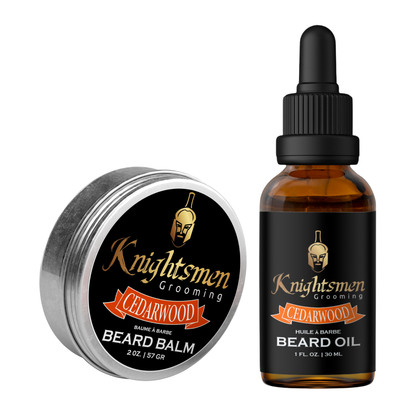 Beard balm and oil set with 'Knightsmen Grooming' branding on a white background