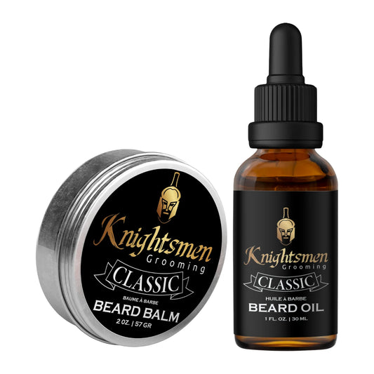 Knightsmen Grooming Classic Beard Balm and Beard Oil on a white background