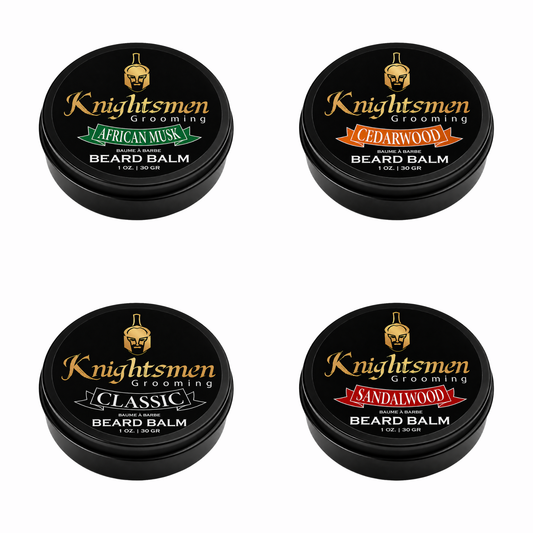 Knightsmen Grooming Organic Beard Balm Variety Set – All Four Scents (African Musk, Cedarwood, Sandalwood, Classic) in 1oz Tins