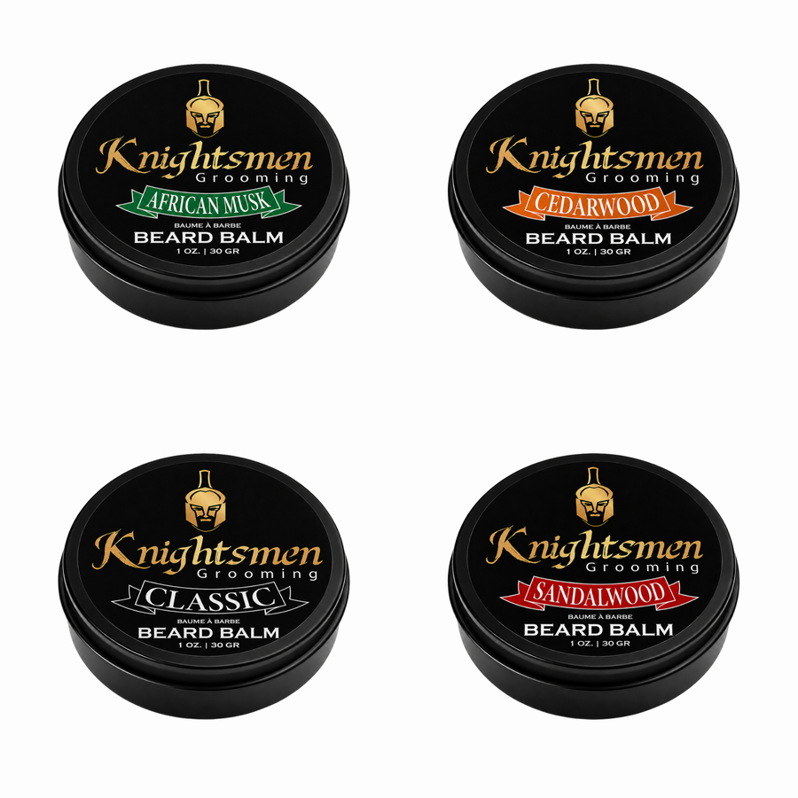 Knightsmen Grooming Organic Beard Balm Variety Set – All Four Scents (African Musk, Cedarwood, Sandalwood, Classic) in 1oz Tins