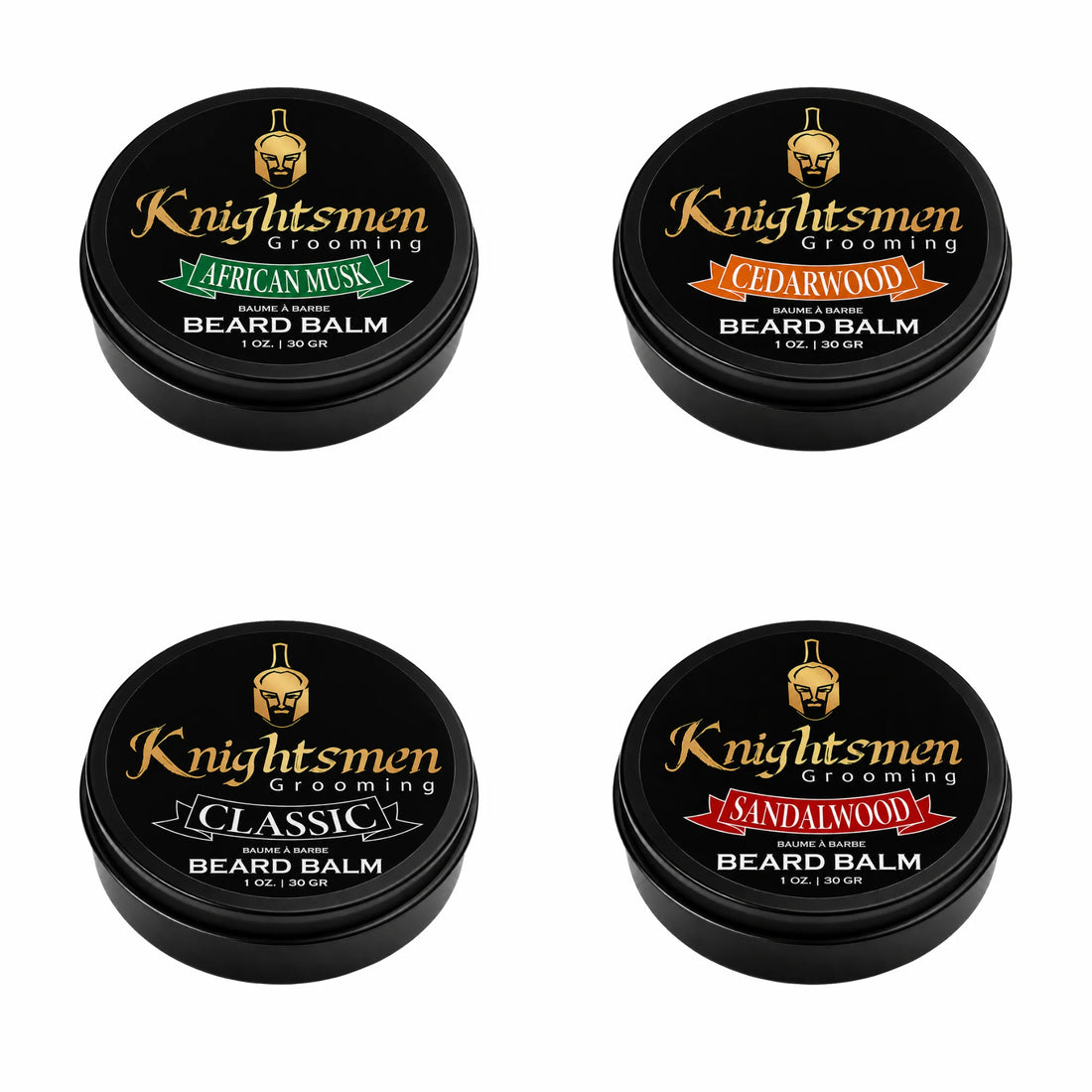 Knightsmen Grooming Organic Beard Balm Variety Set – All Four Scents (African Musk, Cedarwood, Sandalwood, Classic) in 1oz Tins