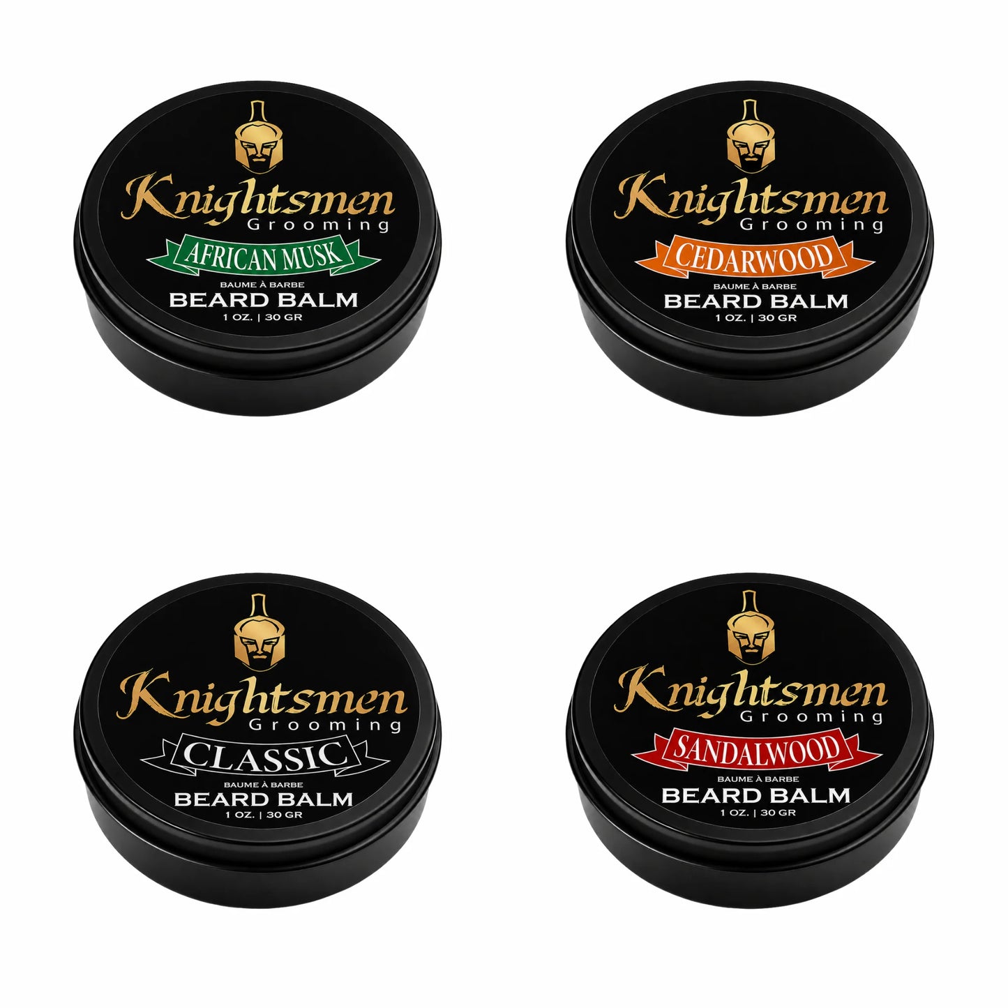 Knightsmen Grooming Organic Beard Balm Variety Set – All Four Scents (African Musk, Cedarwood, Sandalwood, Classic) in 1oz Tins