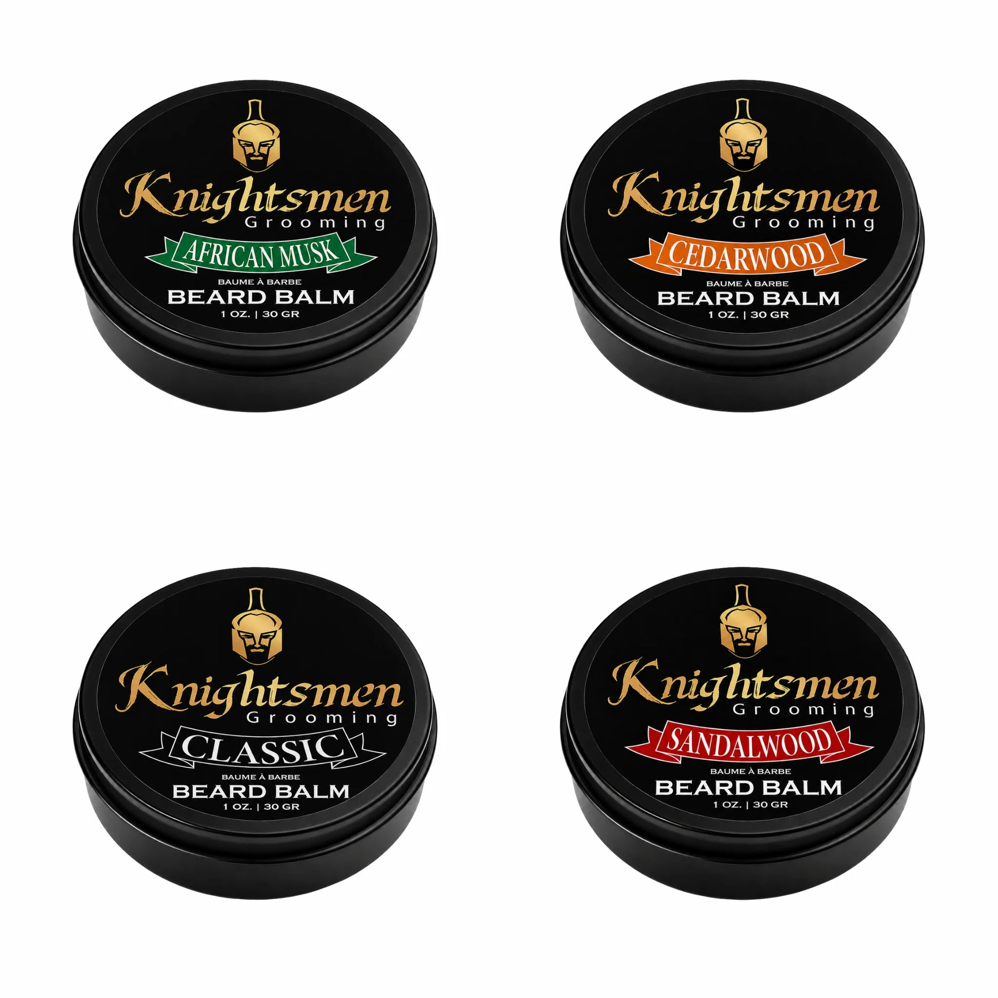 Knightsmen Grooming Organic Beard Balm Variety Set – All Four Scents (African Musk, Cedarwood, Sandalwood, Classic) in 1oz Tins