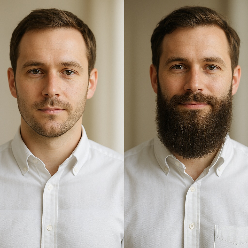 before after image of man using beard oil, benefits of beard oil, benefits of organic beard oil, beard oil that helps with beard growth, how long does it take to grow a beard