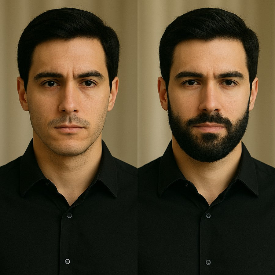before after image of man using beard oil, benefits of beard oil, benefits of organic beard oil, beard oil that helps with beard growth, how long does it take to grow a beard, longer beard, black beard, beard oil for black men, beard oil for patchy beards