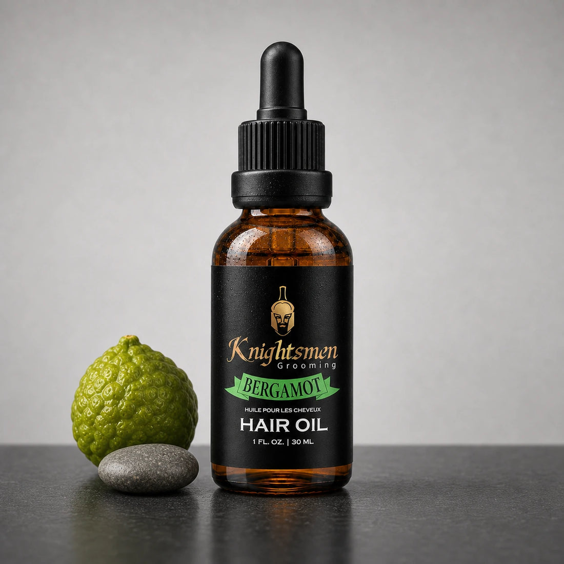 Knightsmen Bergamot Hair Oil lifestyle shot — organic men's hair care, reduces frizz and supports healthy hair growth