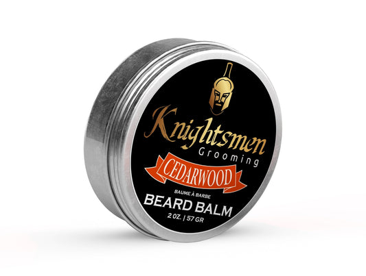 Cedarwood organic beard balm by Knightsmen Grooming in a round styling tin