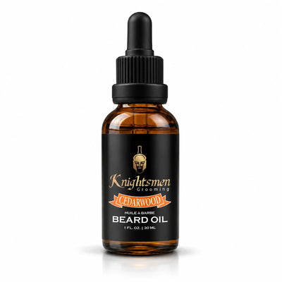 Knightsmen Grooming Organic Cedarwood Beard Oil 30ml amber bottle — crisp forest scent, softens beard and nourishes skin