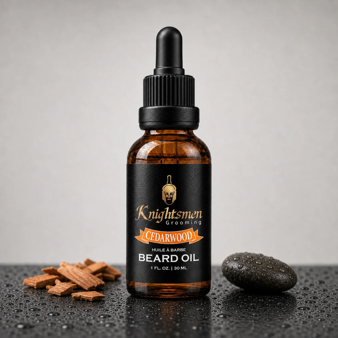 Knightsmen Cedarwood Beard Oil lifestyle shot — premium organic beard care for men, relieves beard itch