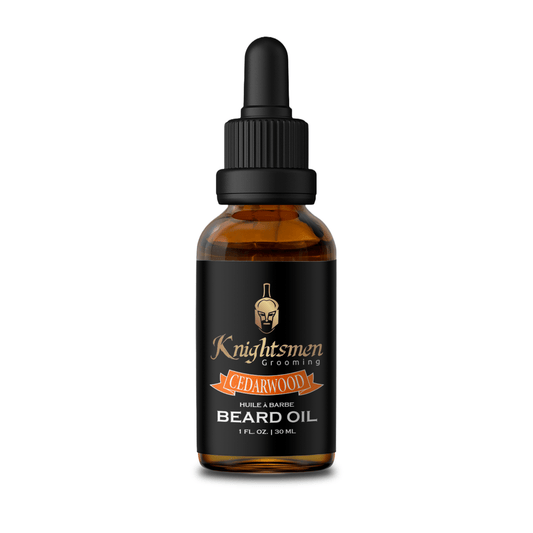 Cedarwood organic beard oil for men by Knightsmen Grooming in amber glass dropper bottle