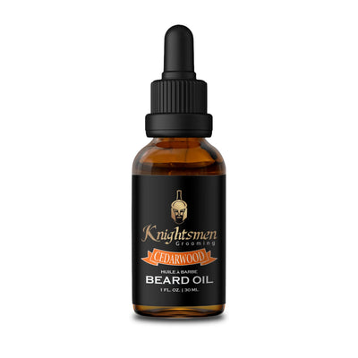 Cedarwood organic beard oil for men by Knightsmen Grooming in amber glass dropper bottle
