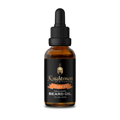 Cedarwood organic beard oil for men by Knightsmen Grooming in amber glass dropper bottle