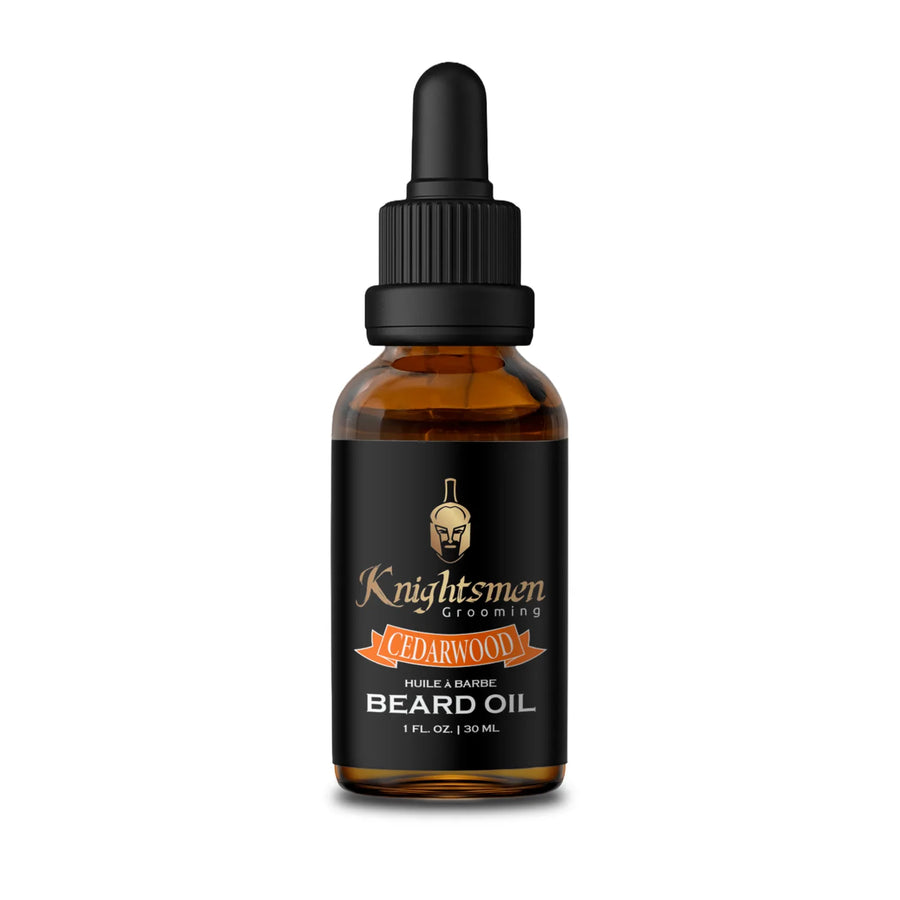 Cedarwood organic beard oil for men by Knightsmen Grooming in amber glass dropper bottle