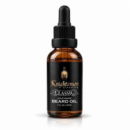 Knightsmen Grooming Organic Classic Beard Oil 30ml amber bottle — unscented fragrance-free formula for sensitive skin