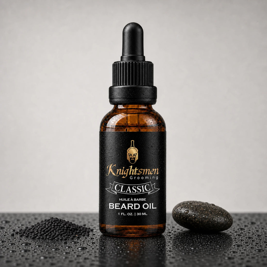 Knightsmen Classic Beard Oil lifestyle shot — fragrance-free organic beard care, ideal for sensitive skin and beards