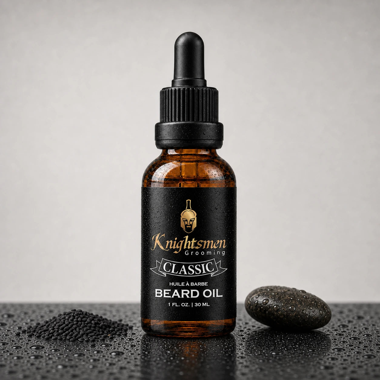Knightsmen Classic Beard Oil lifestyle shot — fragrance-free organic beard care, ideal for sensitive skin and beards