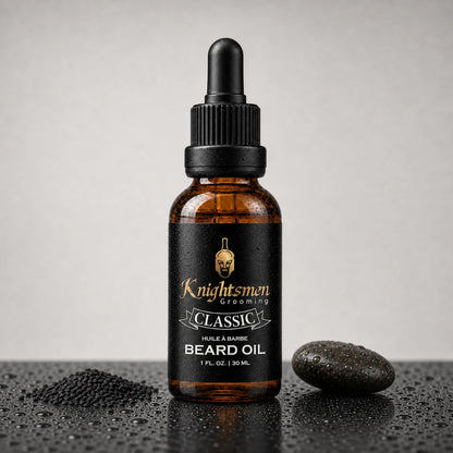 Knightsmen Classic Beard Oil lifestyle shot — fragrance-free organic beard care, ideal for sensitive skin and beards