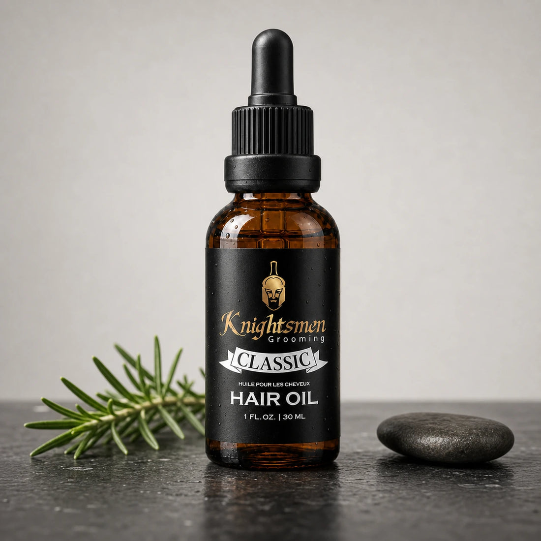Knightsmen Classic Hair Oil lifestyle shot — fragrance-free organic hair care for men with sensitive scalps