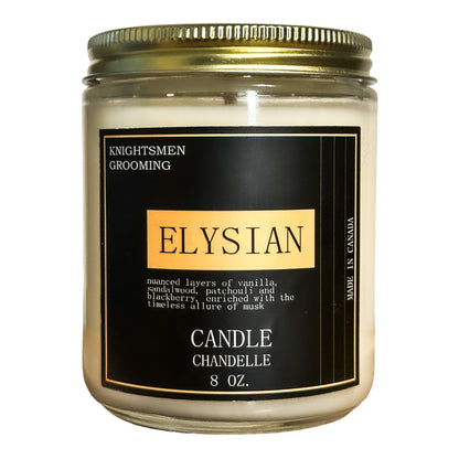 Close view of Elysian candle emphasizing vanilla, sandalwood, blackberry and musk notes — luxury soy candle.