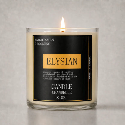 Elysian by Knightsmen Grooming – Premium Amber Sandalwood Scented Soy Candle, 70-Hour Burn Time, Non-Toxic Clean Burning