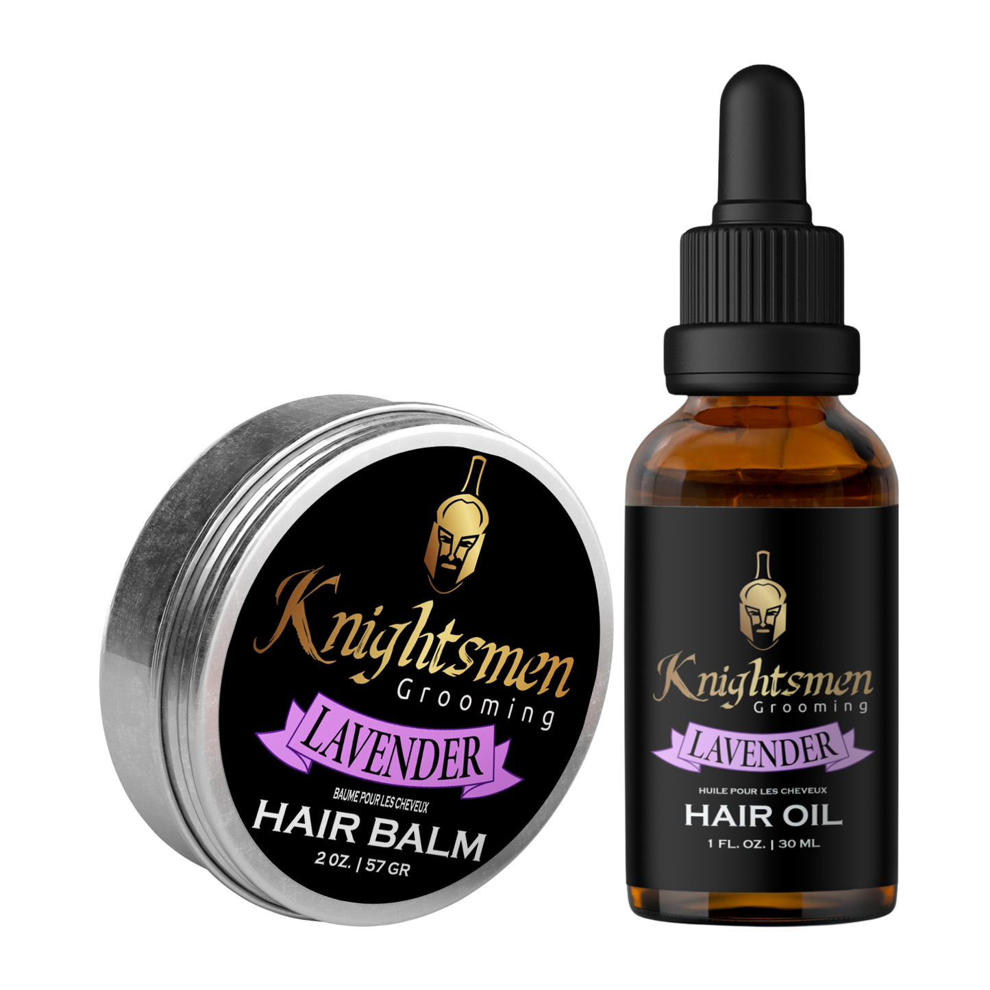 Knightsmen Grooming lavender hair balm and hair oil on a white background