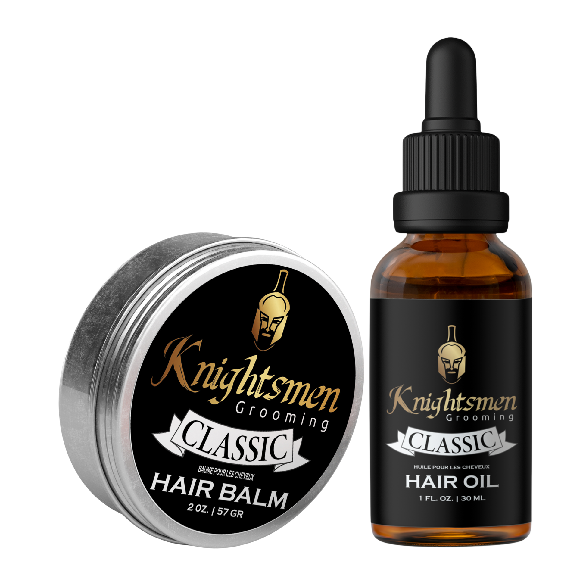 Knightsmen Grooming Classic hair balm and hair oil on a white background