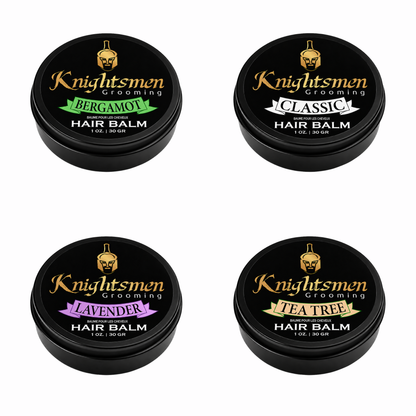 Knightsmen Grooming Organic Hair Balm Variety Set – All Four Scents (Bergamot, Lavender, Tea Tree, Classic) in 1oz Tins