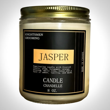 Jasper candle fragrance notes — frosted fruit, bergamot, orange blossom and musk — luxury scented candle.
