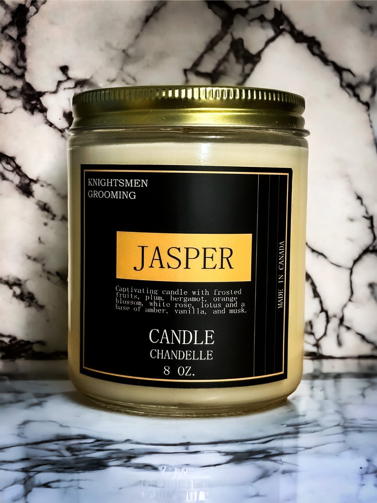 Candle jar labeled 'Jasper' by Knightsmen Grooming on a marble background