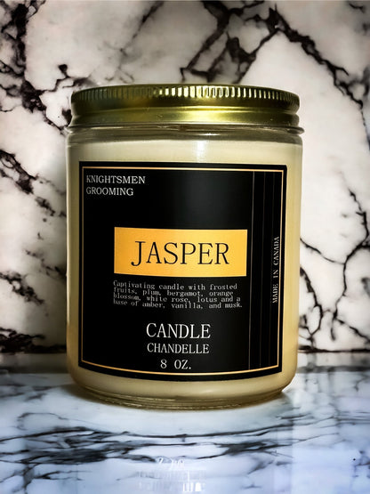Candle jar labeled 'Jasper' by Knightsmen Grooming on a marble background