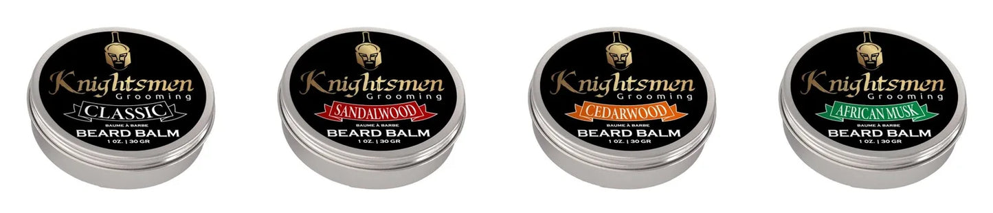 African Musk organic beard balm 1 oz—anti-itch, conditioning, light-medium hold. Knightsmen Grooming Organic Beard Balm Kit, Beard Balm Set, Beard Balm Bundle