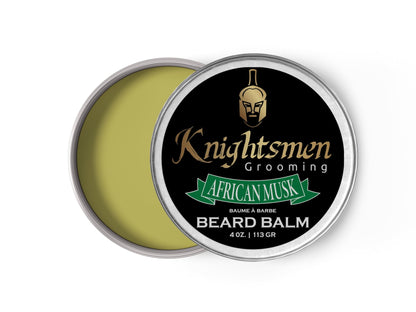 African Musk beard balm 4 oz—barber-size, premium organic beard care made in Canada.