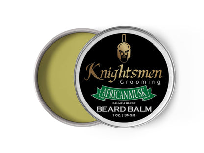 African Musk beard balm open tin—non-greasy texture for soft, smooth beard styling.