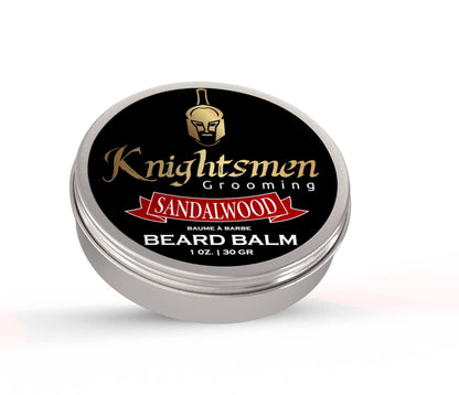 Sandalwood organic beard balm—luxurious woodsy scent, conditioning and light hold.