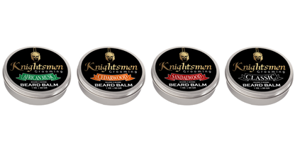 African Musk organic beard balm 1 oz—anti-itch, conditioning, light-medium hold. Knightsmen Grooming Organic Beard Balm Kit, Beard Balm Set, Beard Balm Bundle