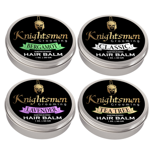 Four tins of Knightsmen Grooming hair balm with different scents on a white background. Organic hair balm kit 1 oz—soothes dry, itchy scalp; natural finish and hold. Naturally helps promote hair growth. Shape, hold and style hair product.