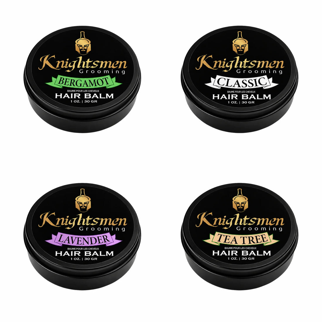 Knightsmen Grooming Organic Hair Balm Variety Set – All Four Scents (Bergamot, Lavender, Tea Tree, Classic) in 1oz Tins