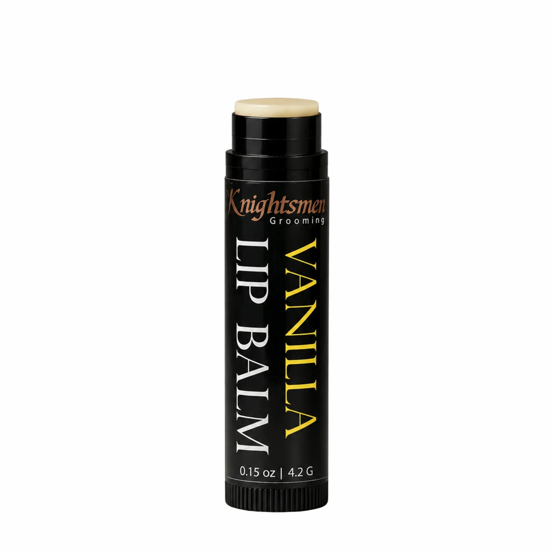 Knightsmen Grooming Organic Vanilla Lip Balm Open Tube White Background – Long-Lasting Hydration with Organic Beeswax and Jojoba Oil